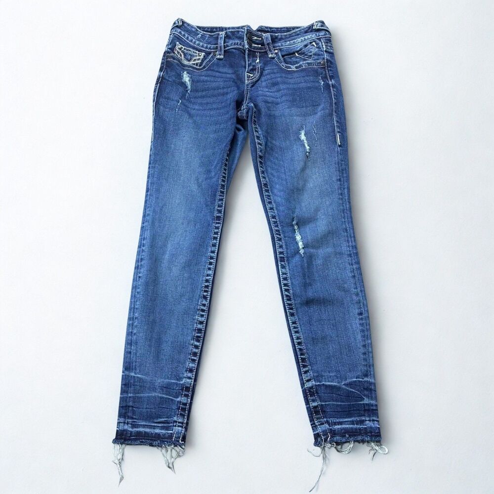Vigoss Chelsea Skinny Jeans Womens 3/4 Blue Distressed Stretch Raw Hem Y2K